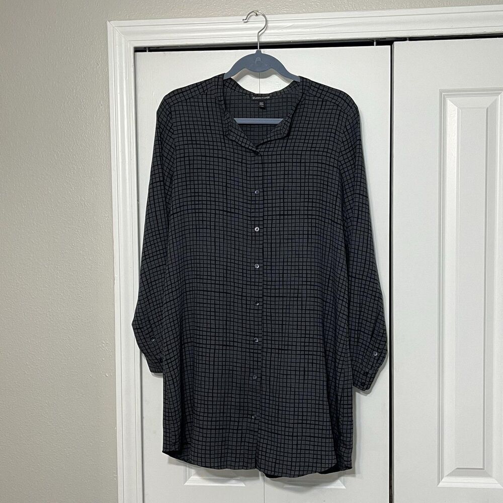 Eileen Fisher Shirt Dress Womens M Silk V Neck Hi Low Check Top Tunic Lagenlook